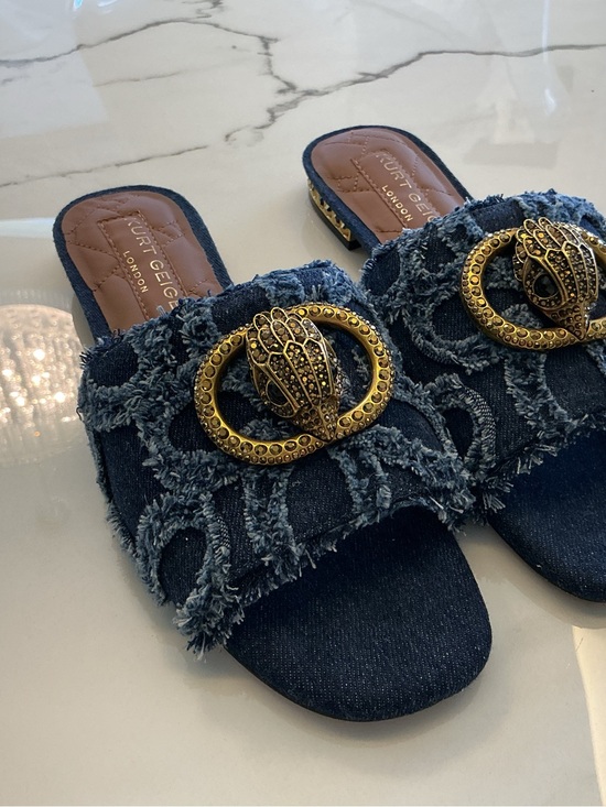 Kurt Geiger Shoes - Kurt Geiger Distressed Denim Slide Mules with Gold Emblem